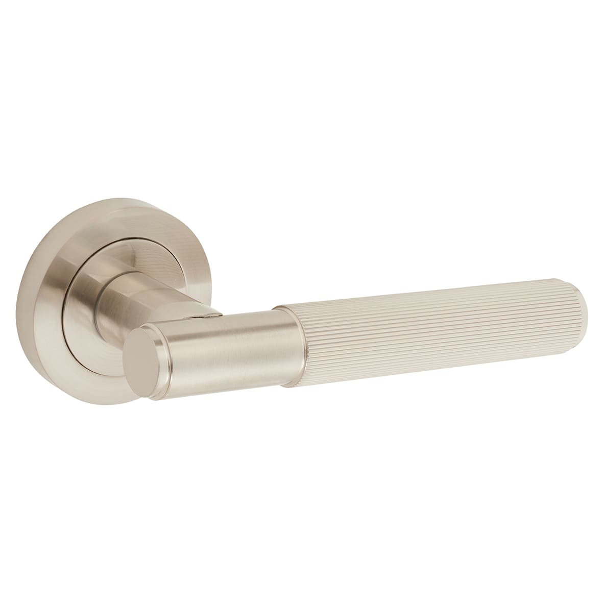 Satin Nickel Lines Door Handles on Round Rose - Nova Range - view 2