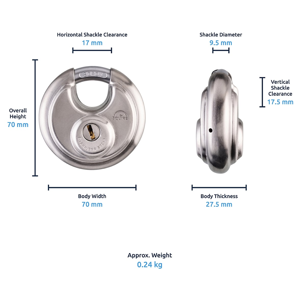 Disc Padlock - 70mm Body - 17 x 17.5mm Shackle - Keyed Alike - Silver - view 5