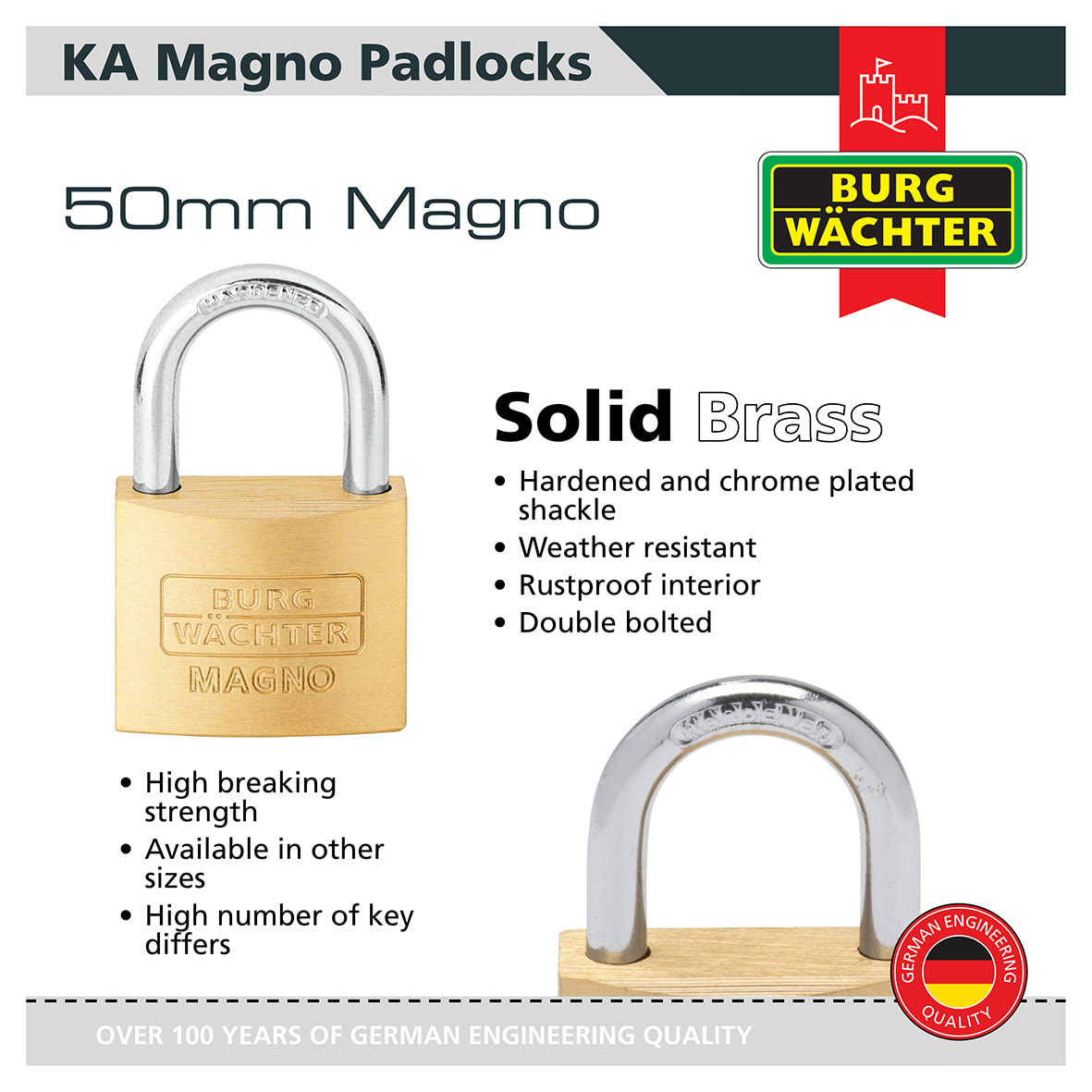 Brass Magno Padlock - 50mm Body - 28 x 29.5mm Shackle - Keyed Alike - Pack of 5 - view 2
