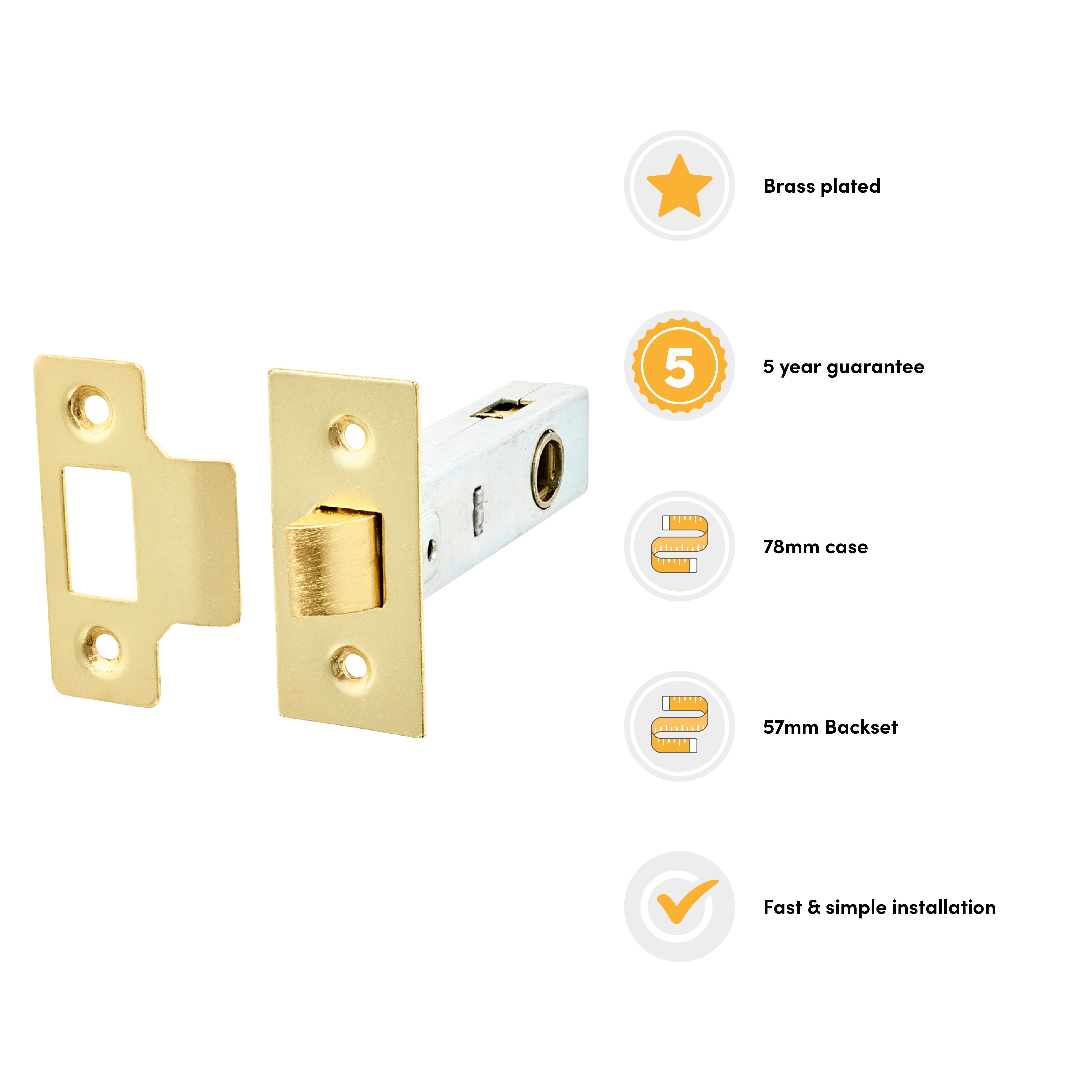 Budget Tubular Latch - 78mm Case - 57mm Backset - Square - Brass Plated - view 2