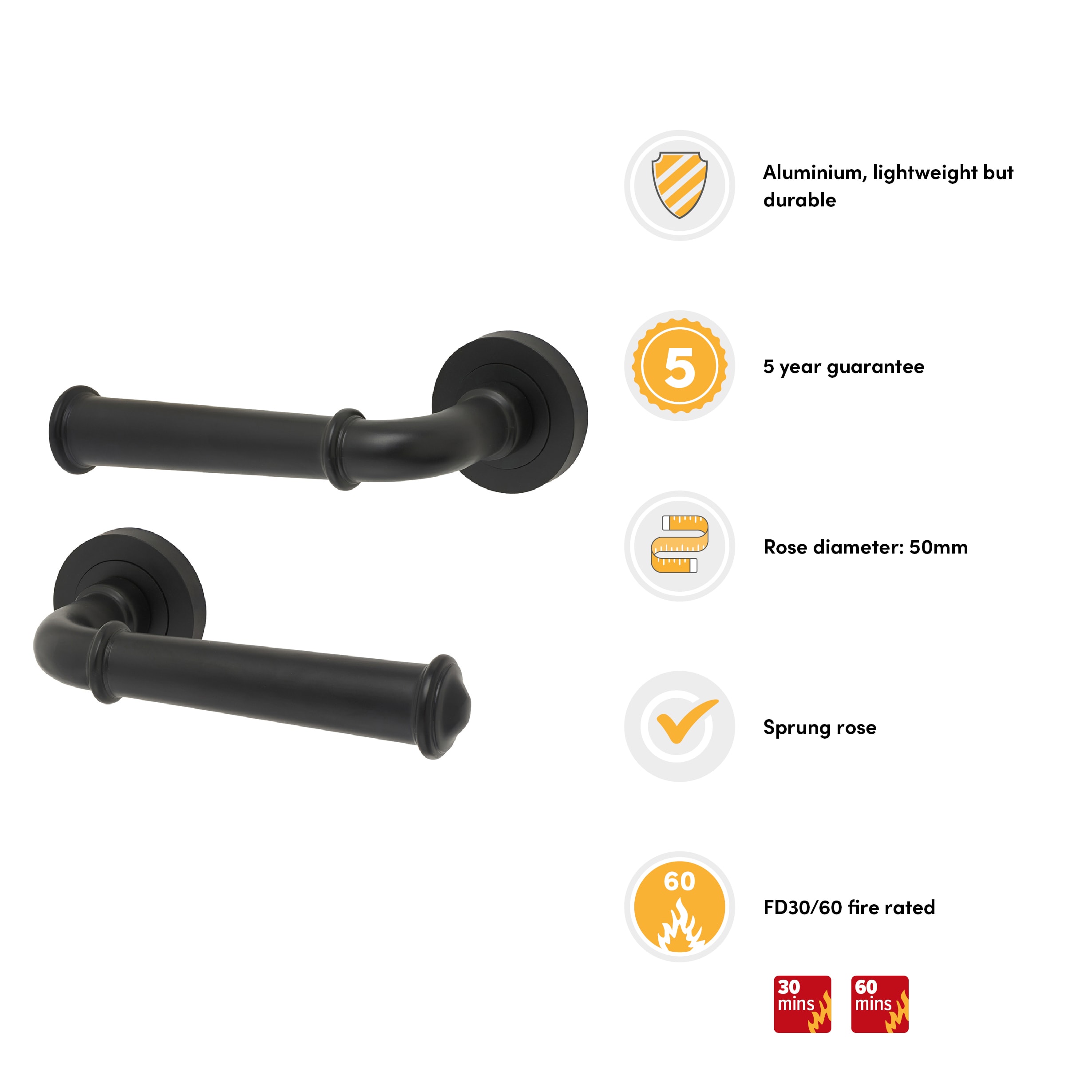 Matt Black Fire Rated Door Handles on Round Rose - Classic Range - view 2