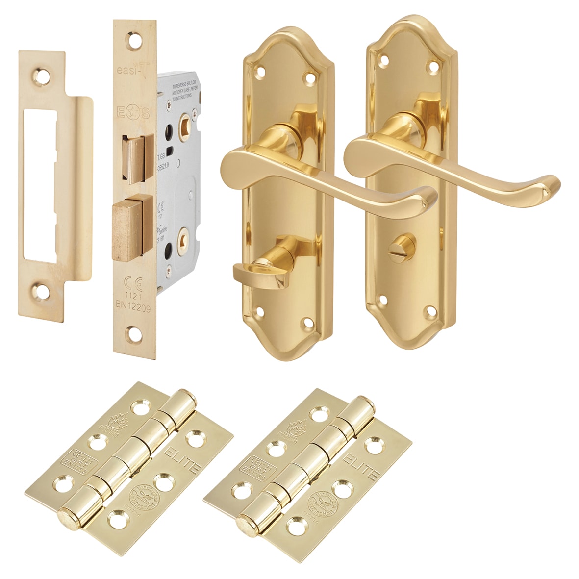 Polished Brass Scroll Bathroom Lock Door Handles Pack - Ashmead Range - view 2