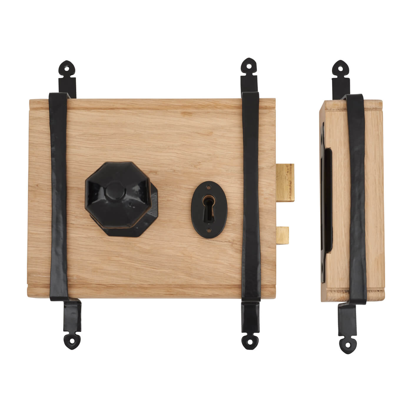 Oak Box Door Lock - Antique Black Iron Knob - view 3