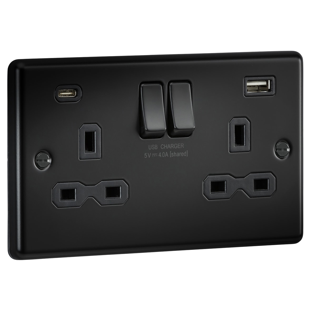 13A 2 Gang Round Edge Type A/C USB Socket with 2 x USB - 4A - Matt Black/Black - view 2