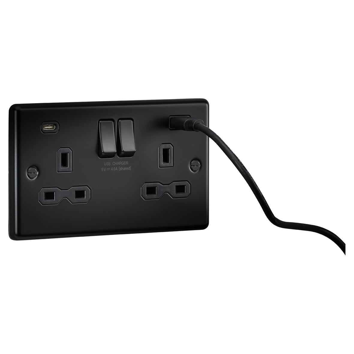 13A 2 Gang Round Edge Type A/C USB Socket with 2 x USB - 4A - Matt Black/Black - view 3