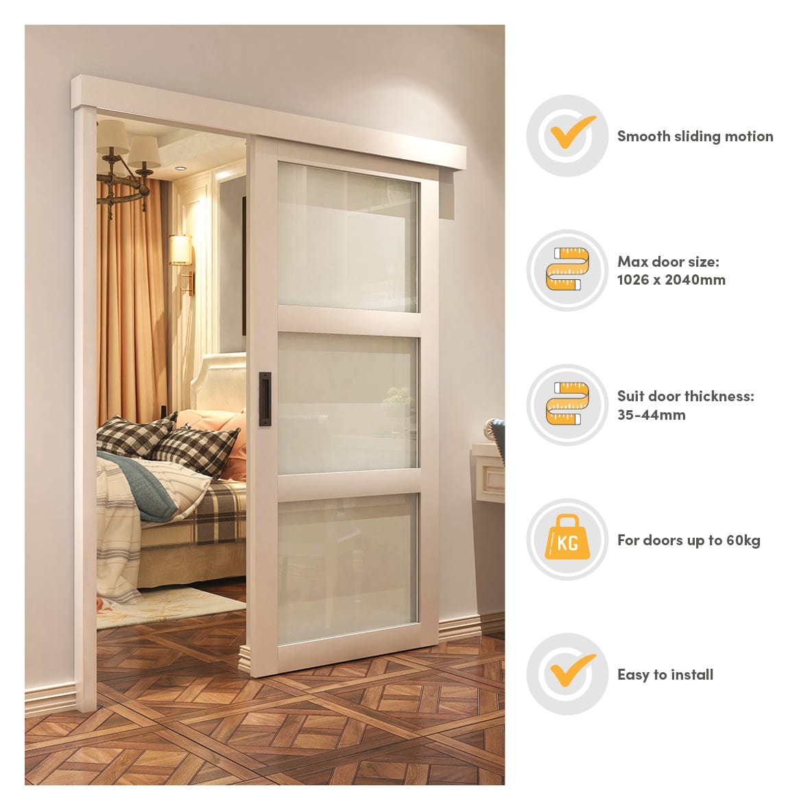 Sliding Door Gear Kit with Pelmet & Post - 2000mm Track - 60kg Max Door Weight - Unpainted - view 3