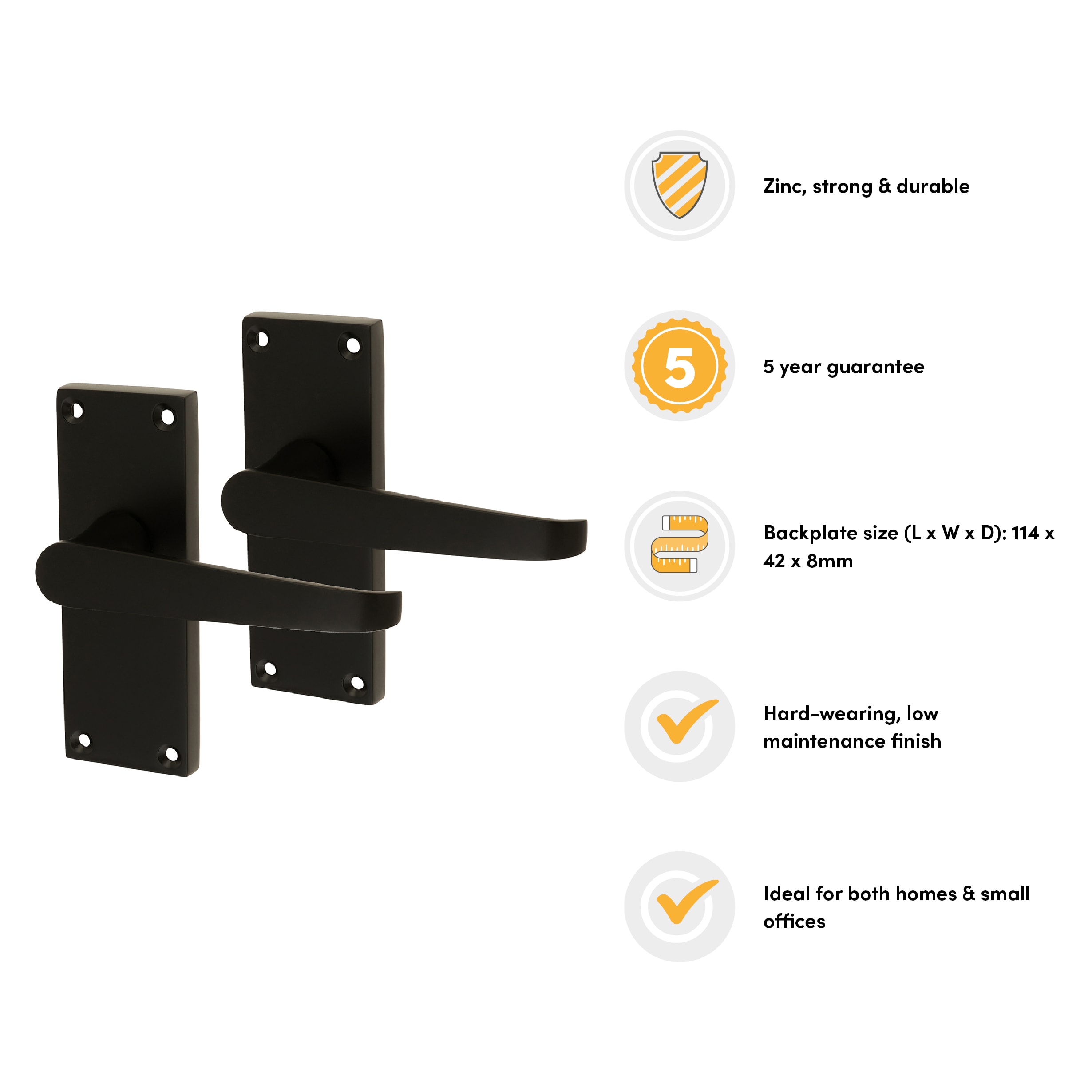 Matt Black Budget Straight Latch Door - Short Plate - Mia Range - 114 x 42mm - view 2