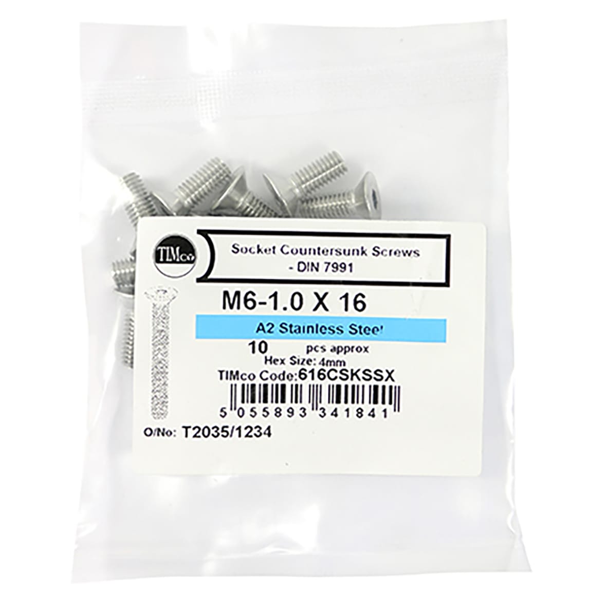 Countersunk Head Socket Screws - M6 x 16mm - A2 Stainless Steel - Pack of 10 - view 3