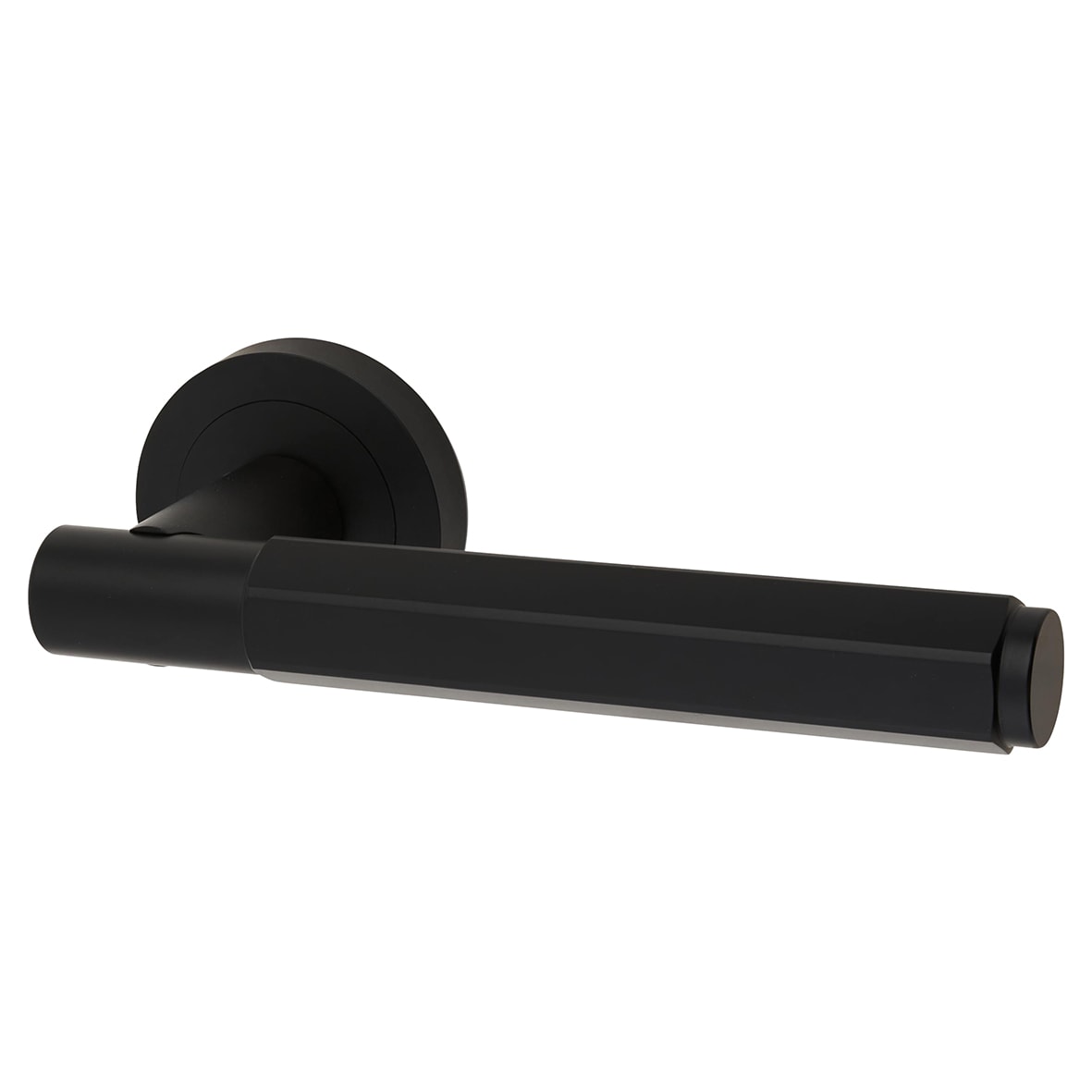 Matt Black Hexagonal Door Handles on Round Rose - Juno Range - view 2