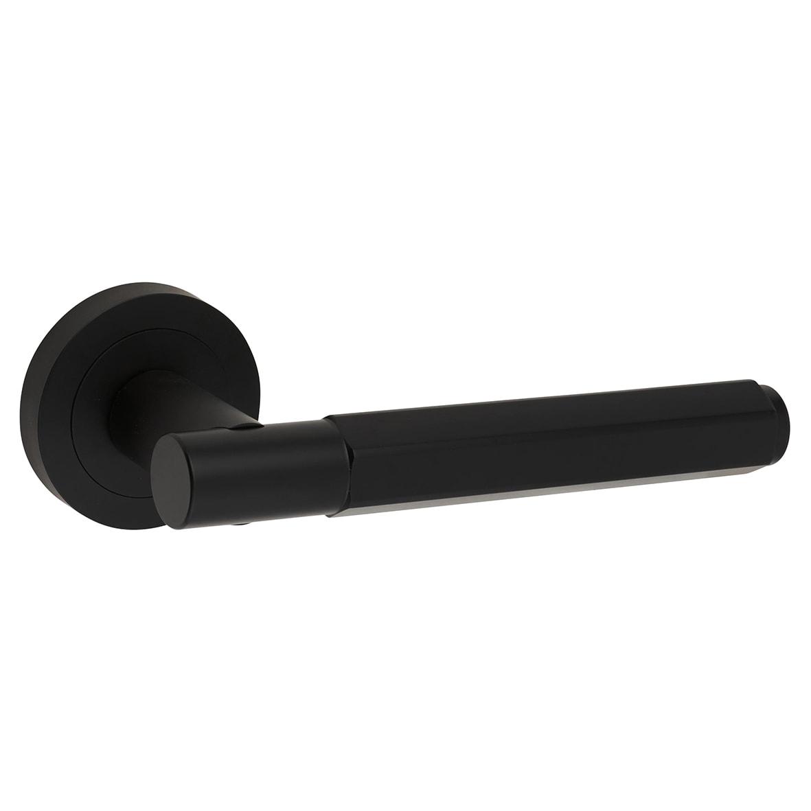 Matt Black Hexagonal Door Handles on Round Rose - Juno Range - view 3