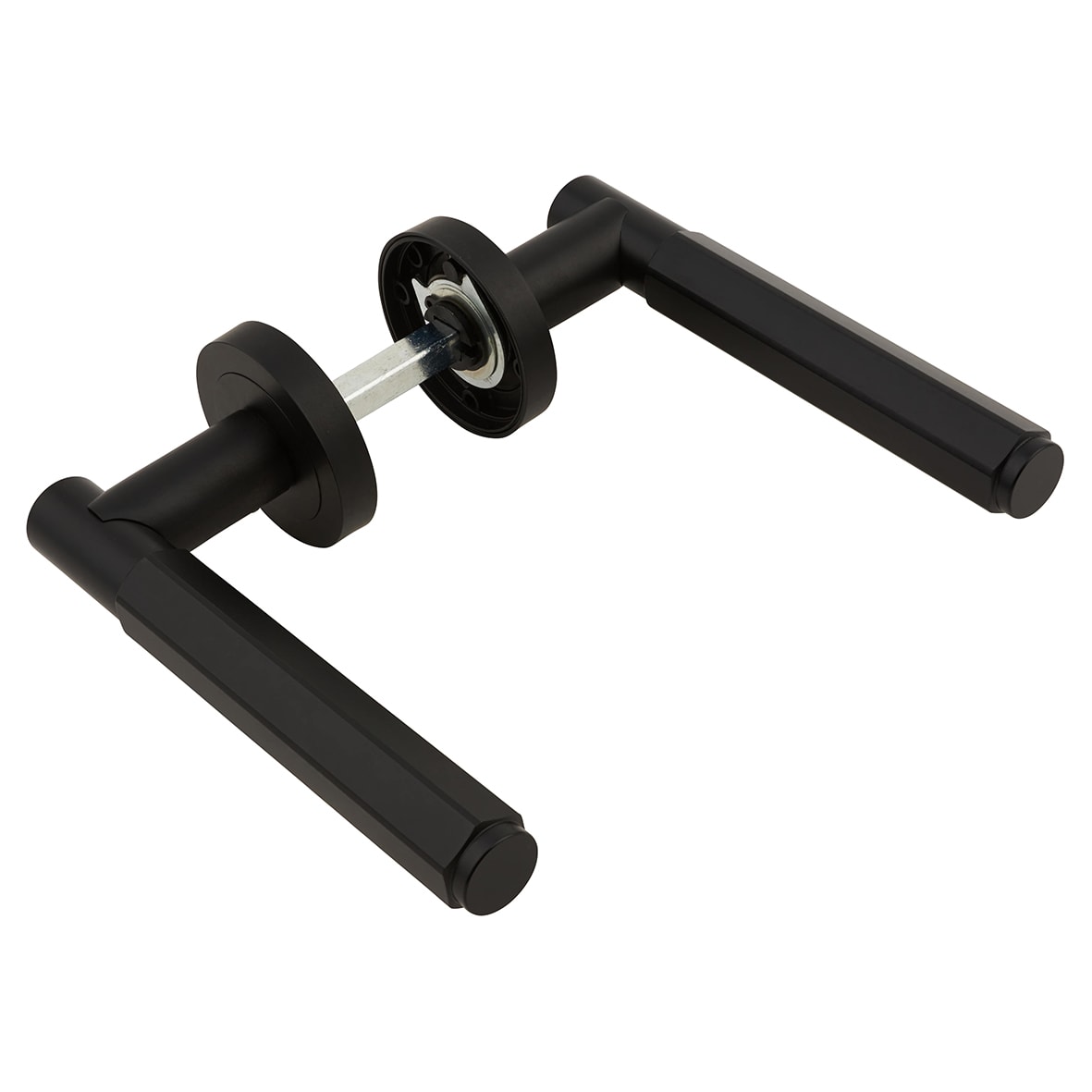 Matt Black Hexagonal Door Handles on Round Rose - Juno Range - view 6