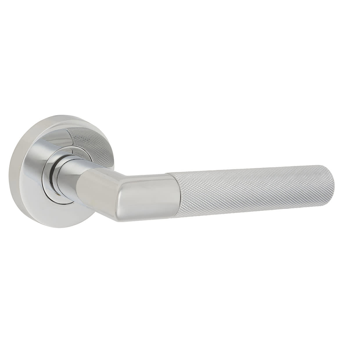 Polished Chrome Knurled Door Handles on Round Rose - Tactil Range - view 2