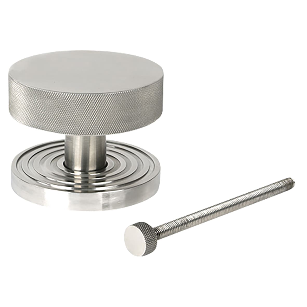 Brompton Satin Stainless Round Knurled Centre Door Knob on Beehive Rose - 90mm Rose Diameter - view 2