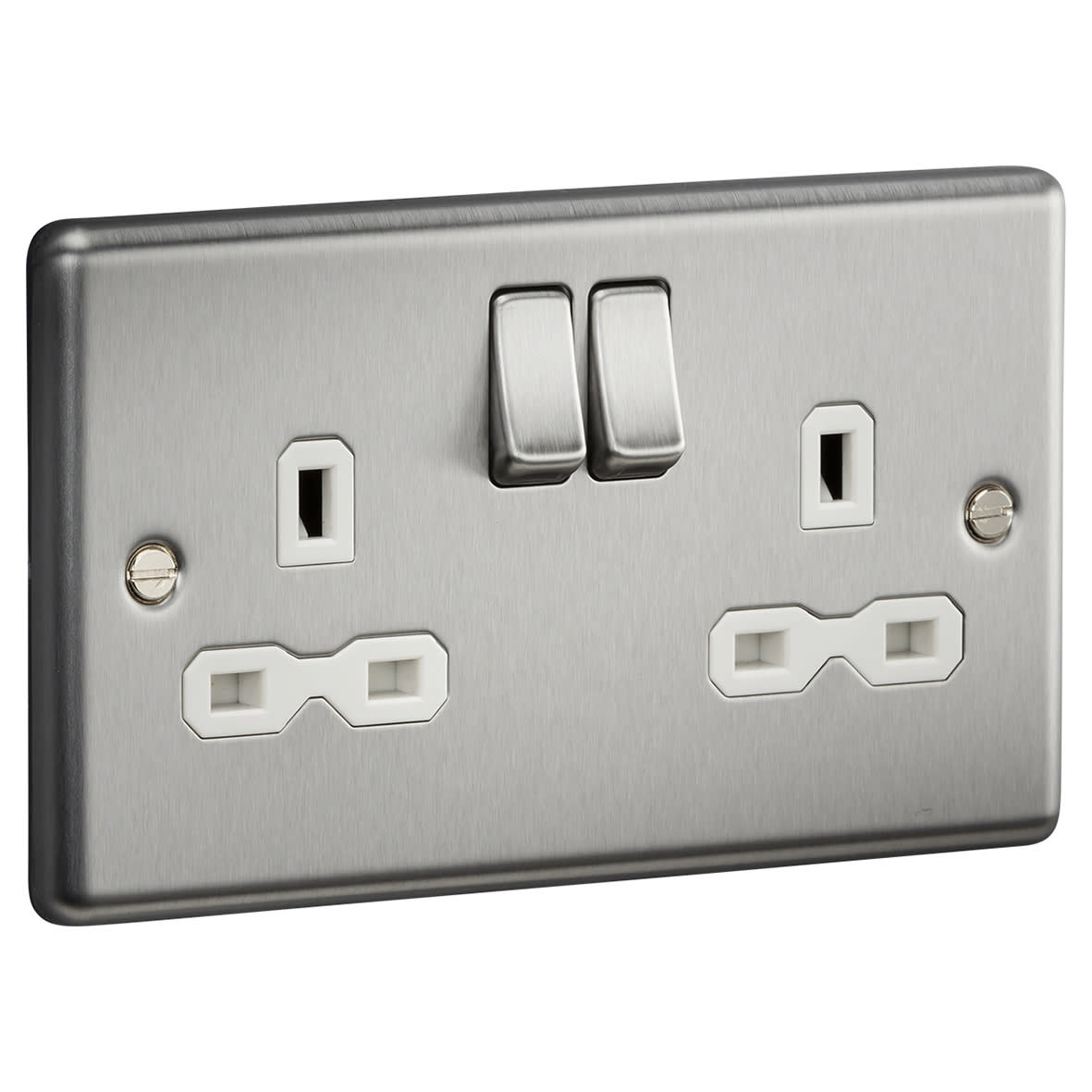 13A 2 Gang DP Switched Socket with Twin Earths - Brushed Chrome with White Insert - view 2