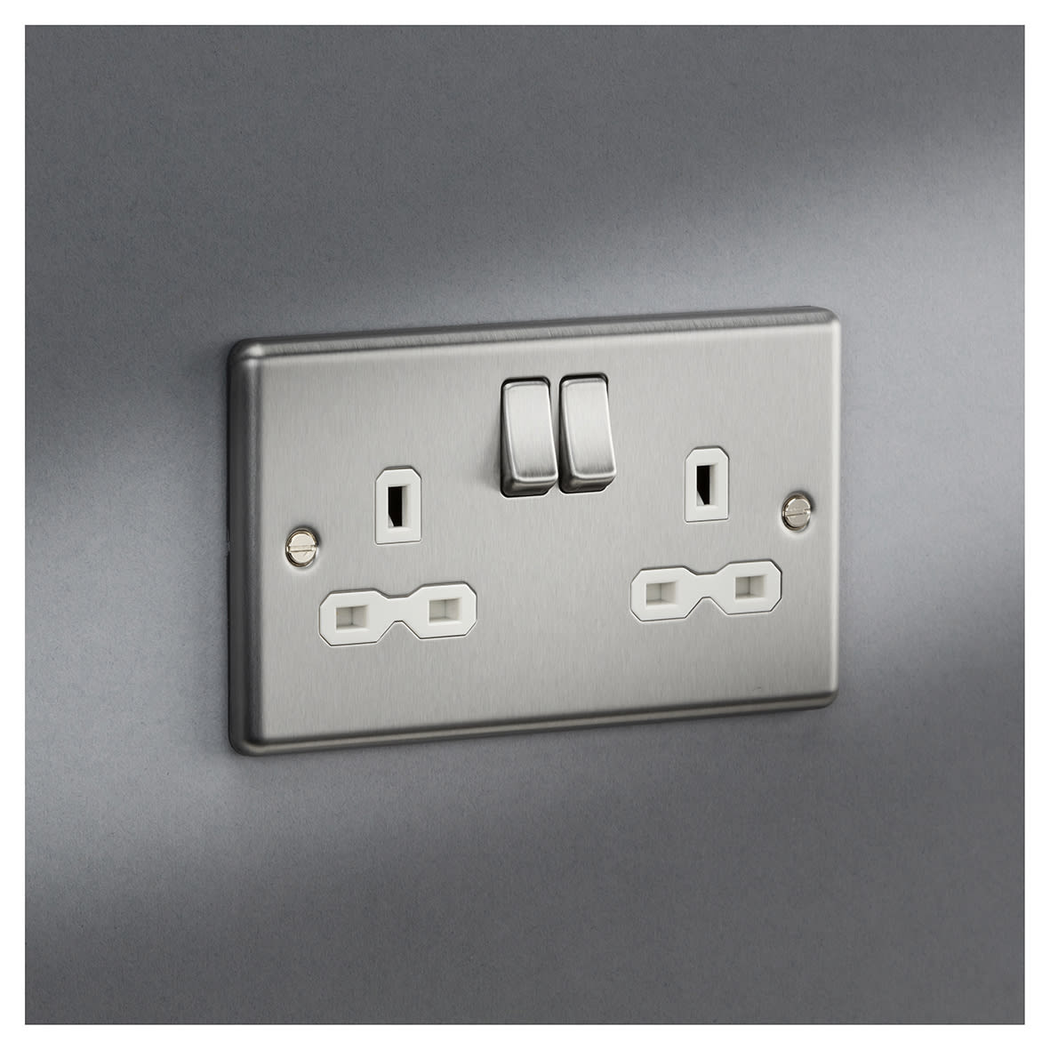 13A 2 Gang DP Switched Socket with Twin Earths - Brushed Chrome with White Insert - view 5