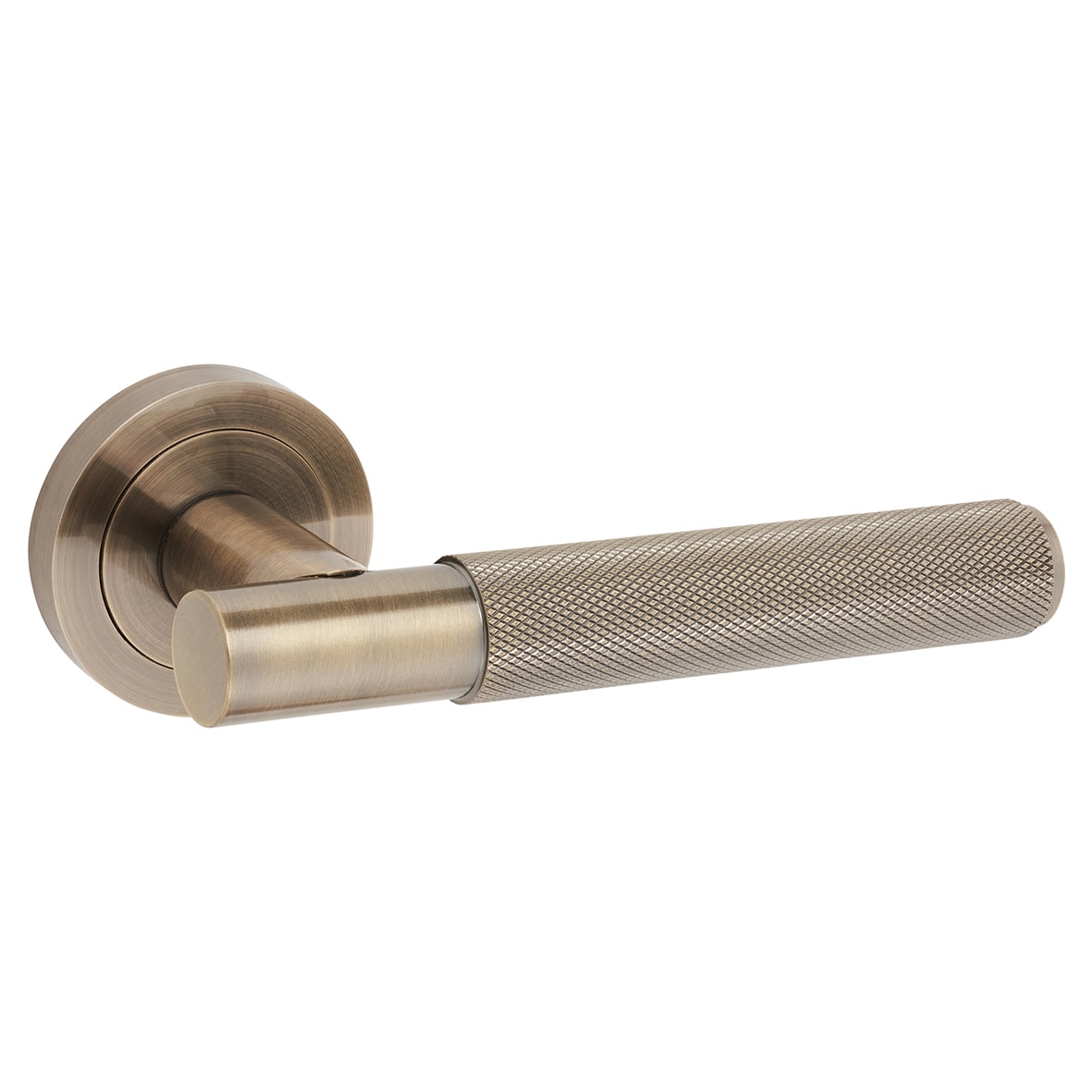 Antique Brass Knurled Door Handles on Round Rose - Remi Range - view 2