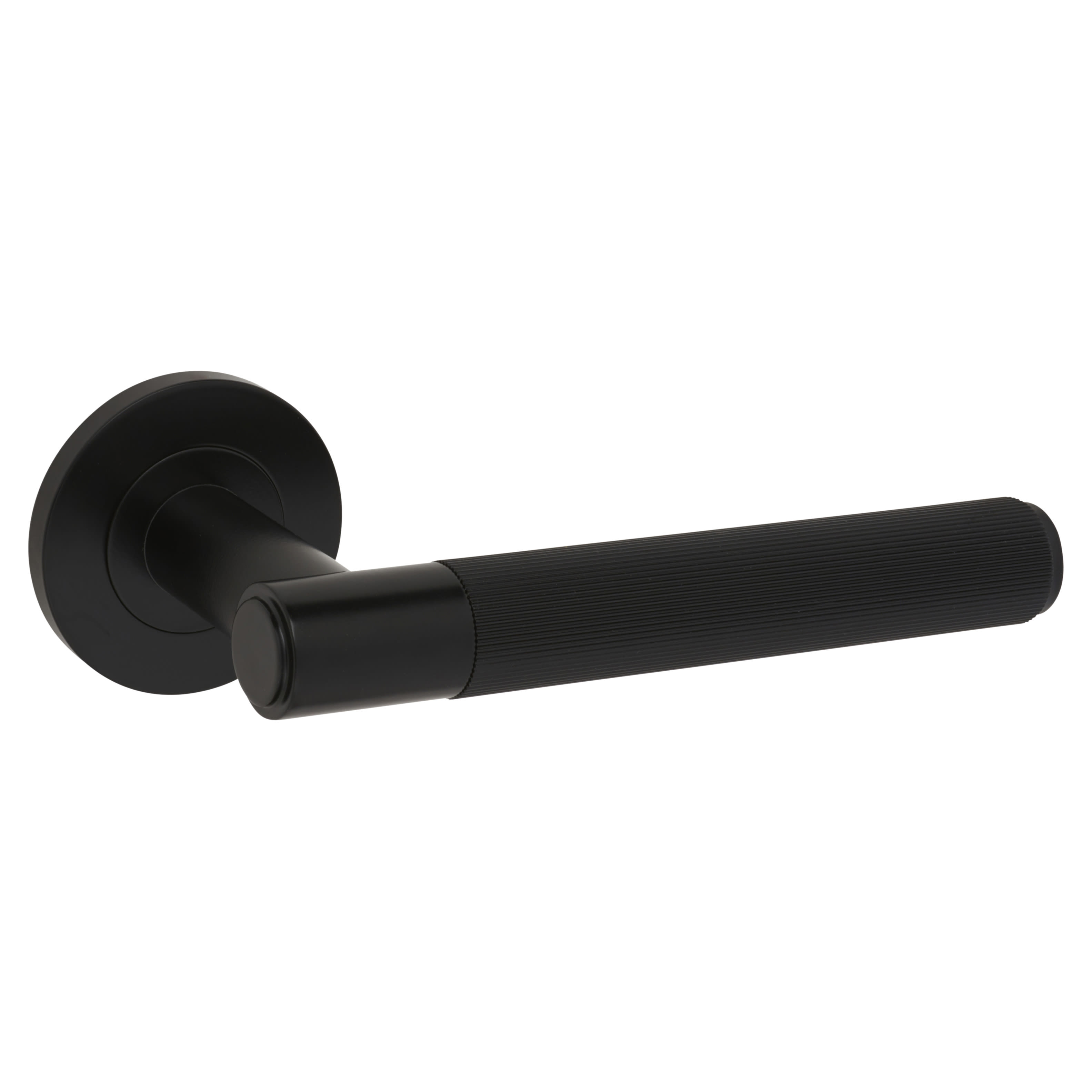 Matt Black Reeded Door Handles on Round Rose - Spitfire Range - view 2