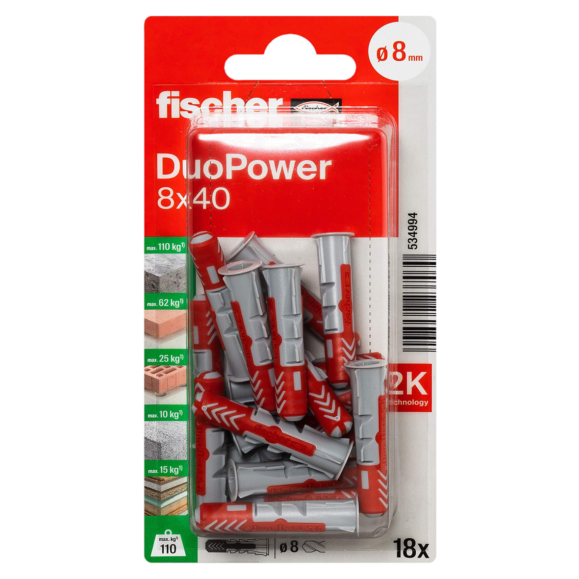 DuoPower Nylon Wall Plug - 8 x 40mm - Red & Grey - Pack of 18 - view 5