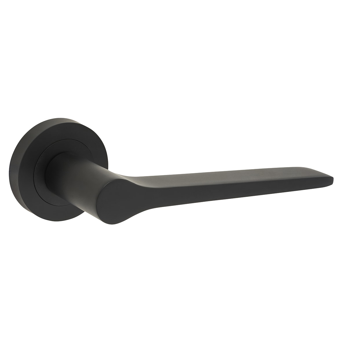 Matt Black Fire Rated Door Handles on Round Rose - Geo Range - view 2