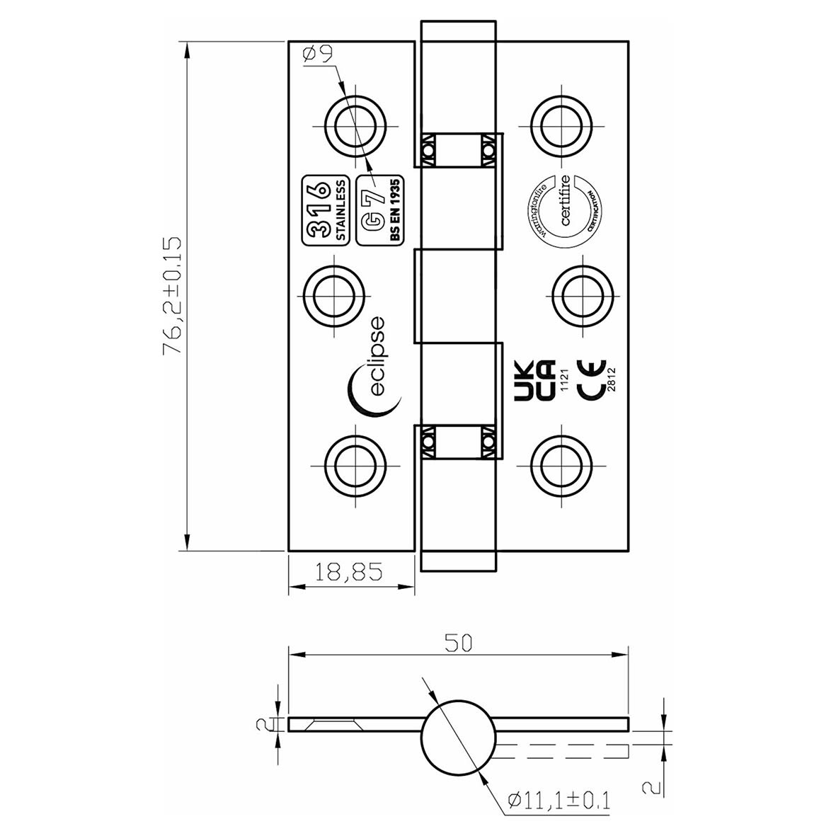 Ball Bearing Marine Grade Butt Fire Door Hinge - 76 x 51 x 2mm - Satin Stainless - Pair - view 3