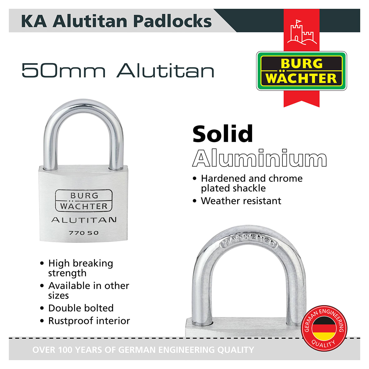 Alutitan Padlock - 50mm Body - 28 x 29.5mm Shackle - Keyed Alike - Pack of 5 - view 2