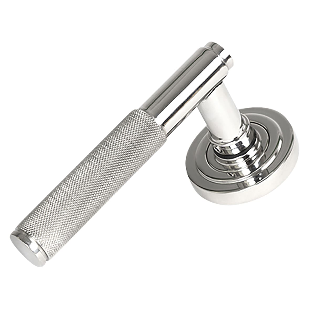 Polished Stainless Steel Knurled Door Handles on Round Art Deco Rose - Brompton Range - view 2