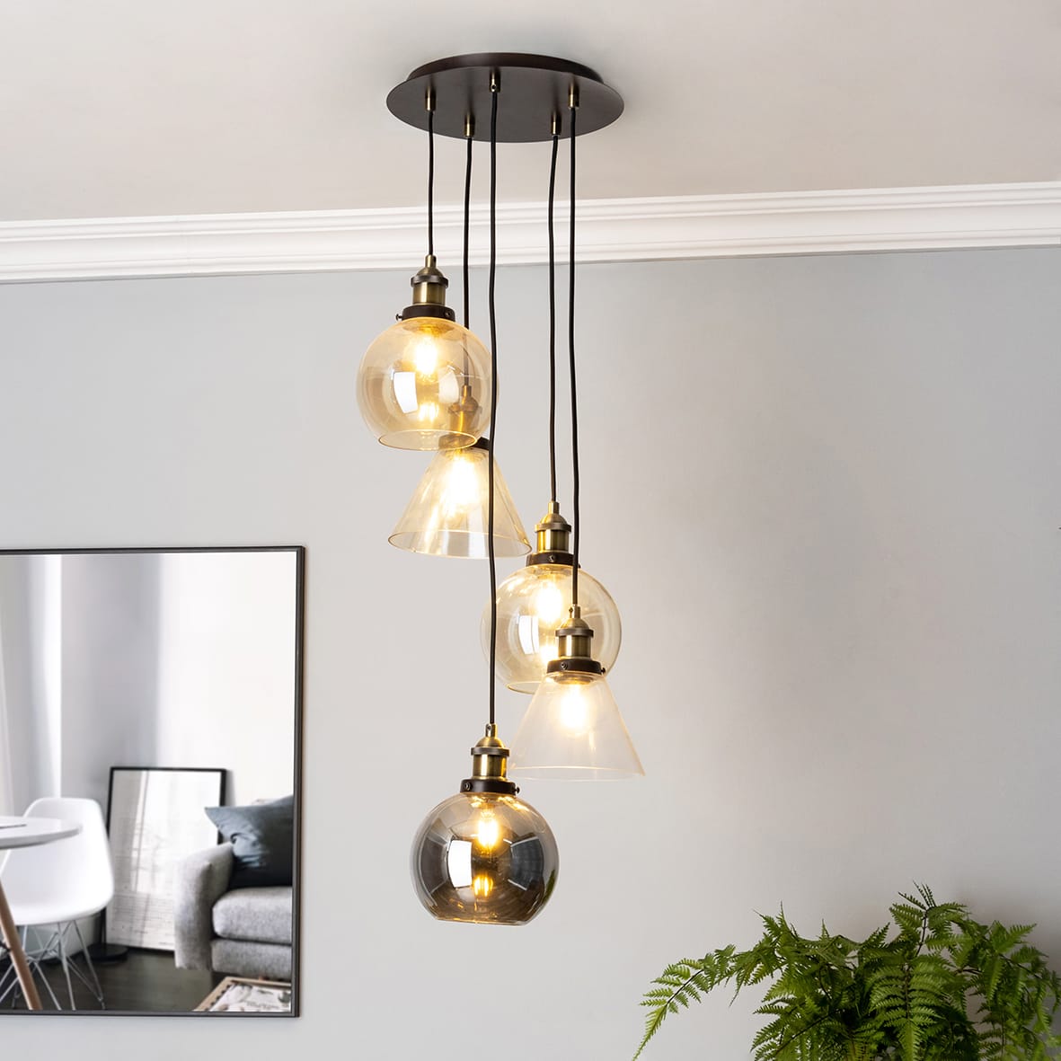 Carter Industrial 5 Light Ceiling Pendant - Bronze Fittings and Clear Glass Shades - view 2