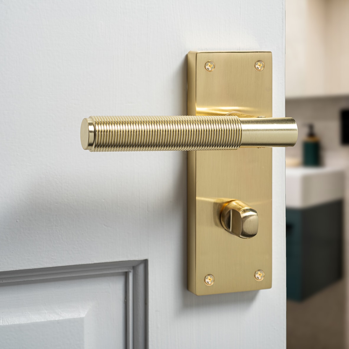 Satin Brass Reeded Bathroom Door Handles - Lily Range - 155 x 55mm - view 7
