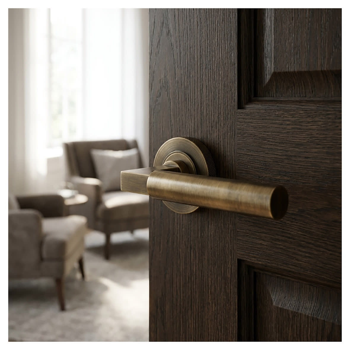 Antique Brass Fire Rated Door Handles on Round Knurled Rose - Westminster Range - view 3