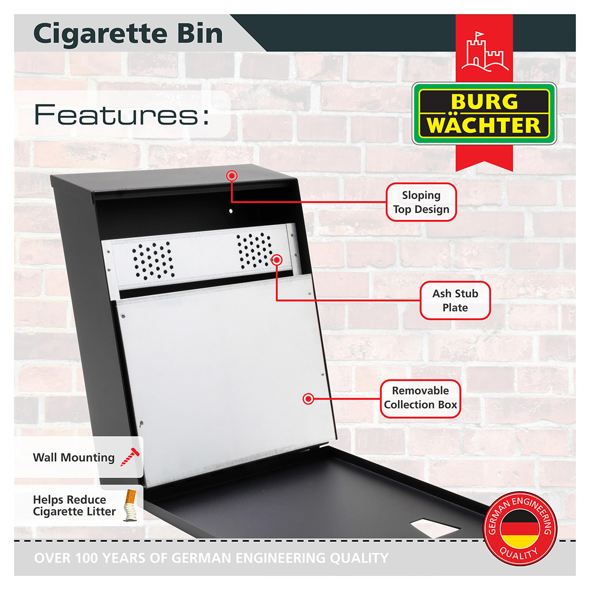 Compact Cigarette Bin - 225 x 320 x 75mm - Black - view 5