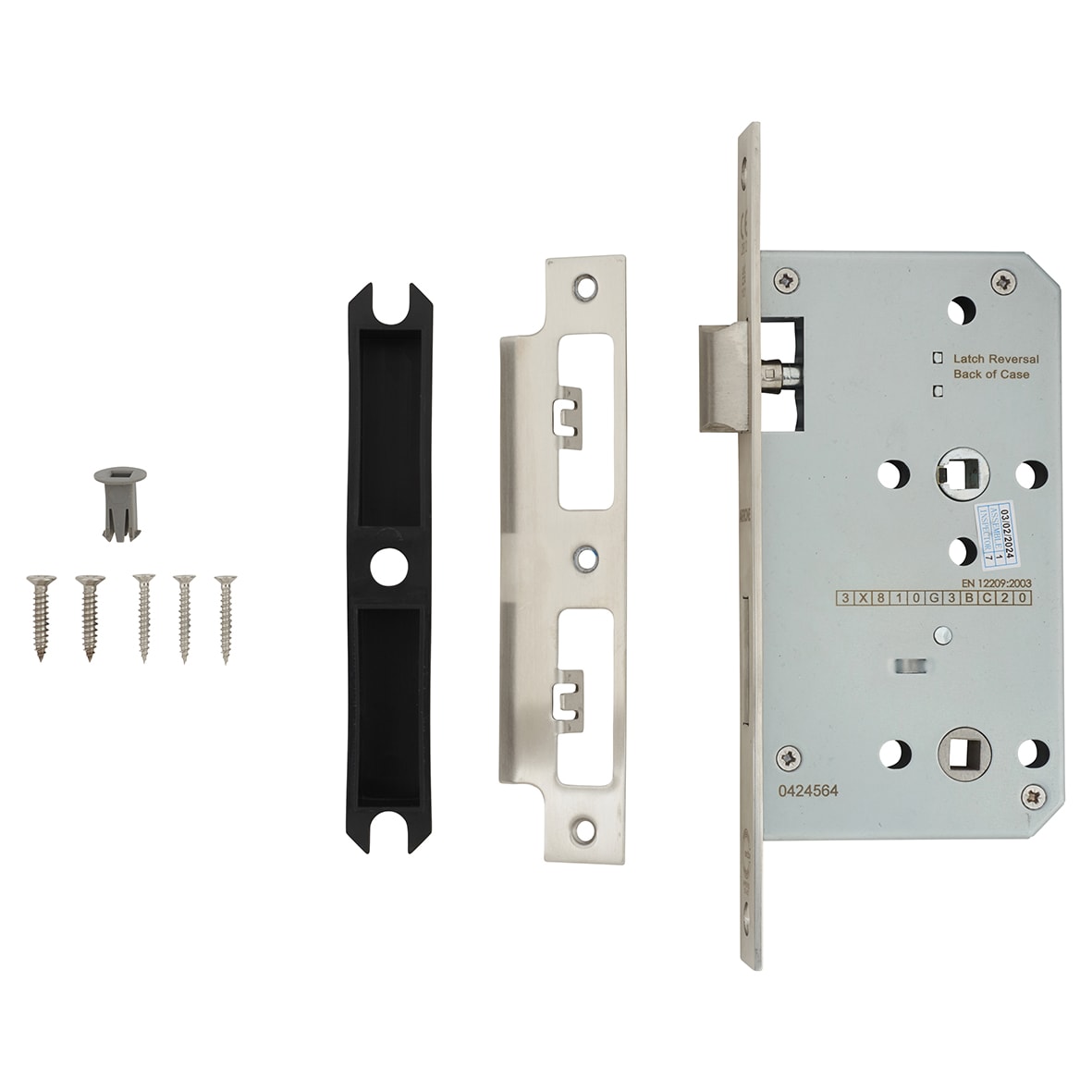 DIN Bathroom Lock - 88mm Case - 60mm Backset - Square - Satin Stainless Steel - view 2