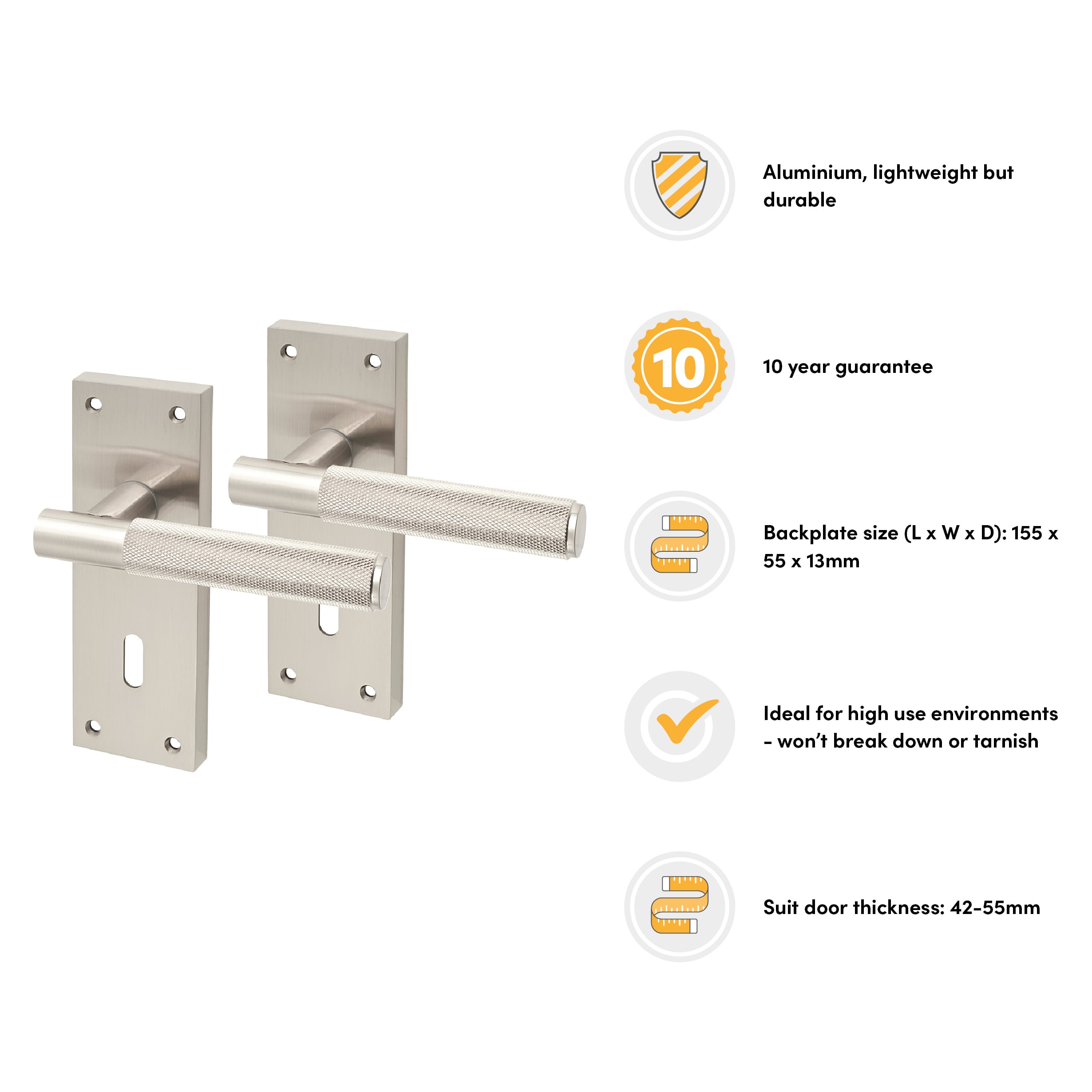 Satin Nickel Knurled Keyhole Lock Door Handles - Remi Range - 155 x 55mm - view 2