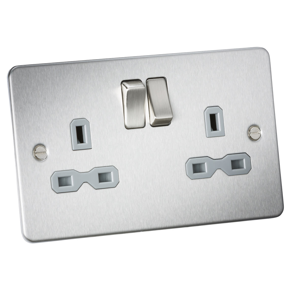 13A 2 Gang DP Switched Socket with Twin Earths - Brushed Chrome with Grey Insert - view 2