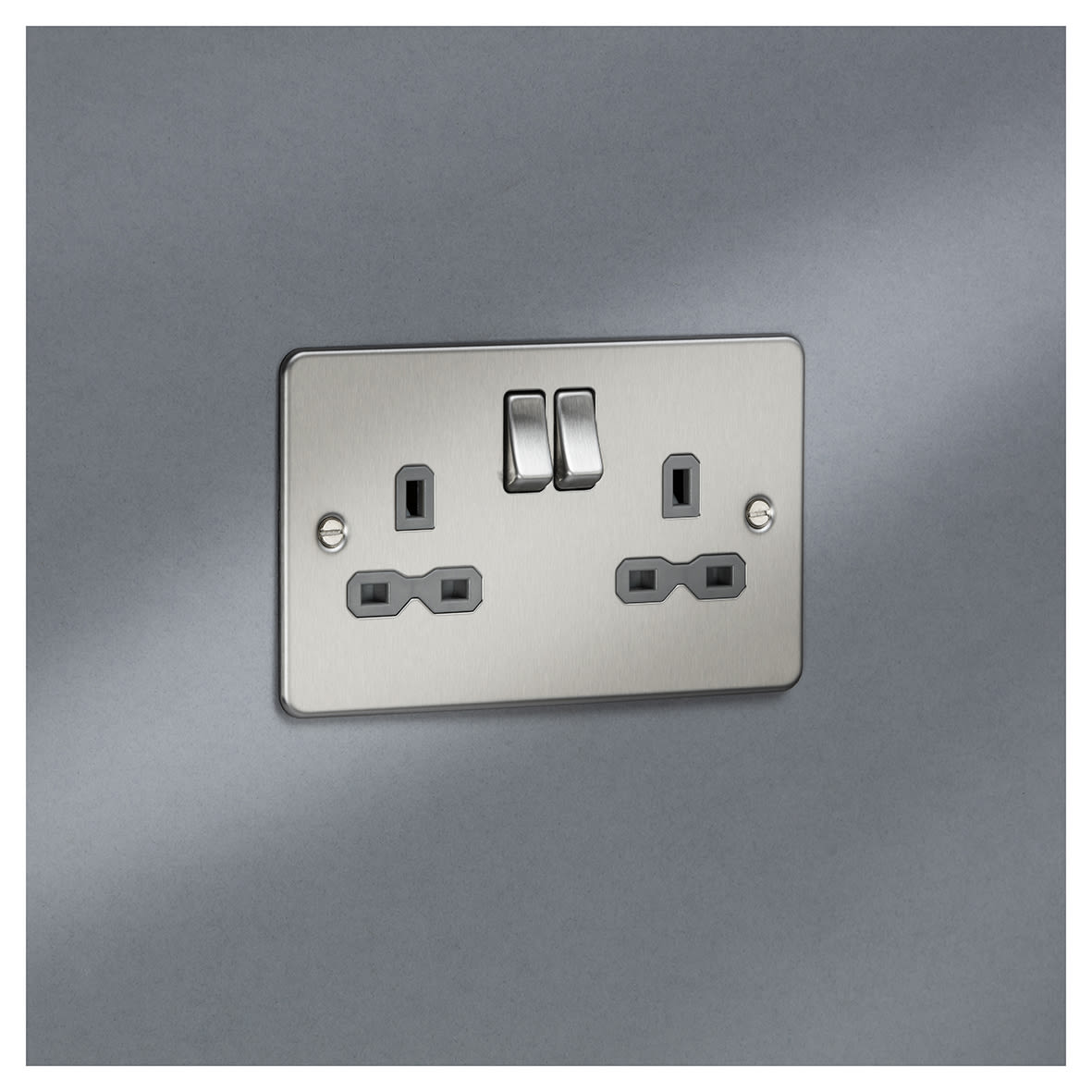 13A 2 Gang DP Switched Socket with Twin Earths - Brushed Chrome with Grey Insert - view 5