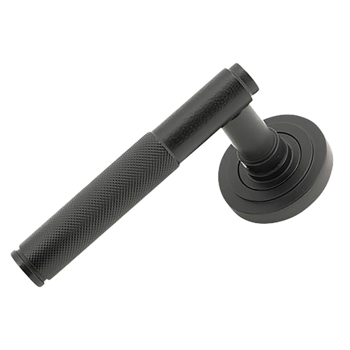 Matt Black Knurled Door Handles on Round Art Deco Rose - Brompton Range - view 2