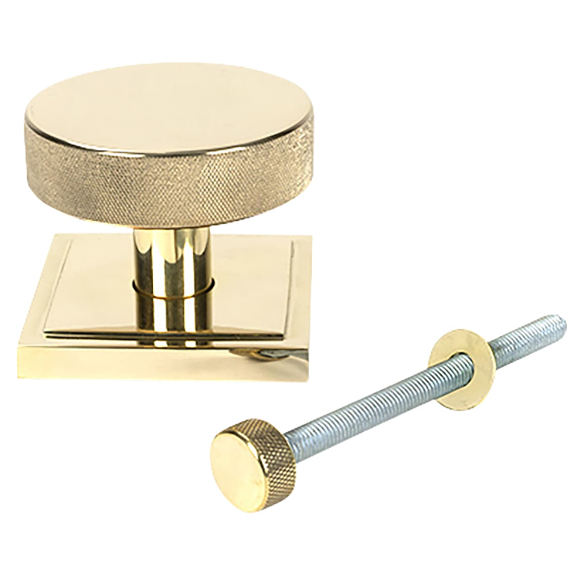 Brompton Polished Brass Round Knurled Centre Door Knob on Square Rose - 90 x 90mm Rose - view 2