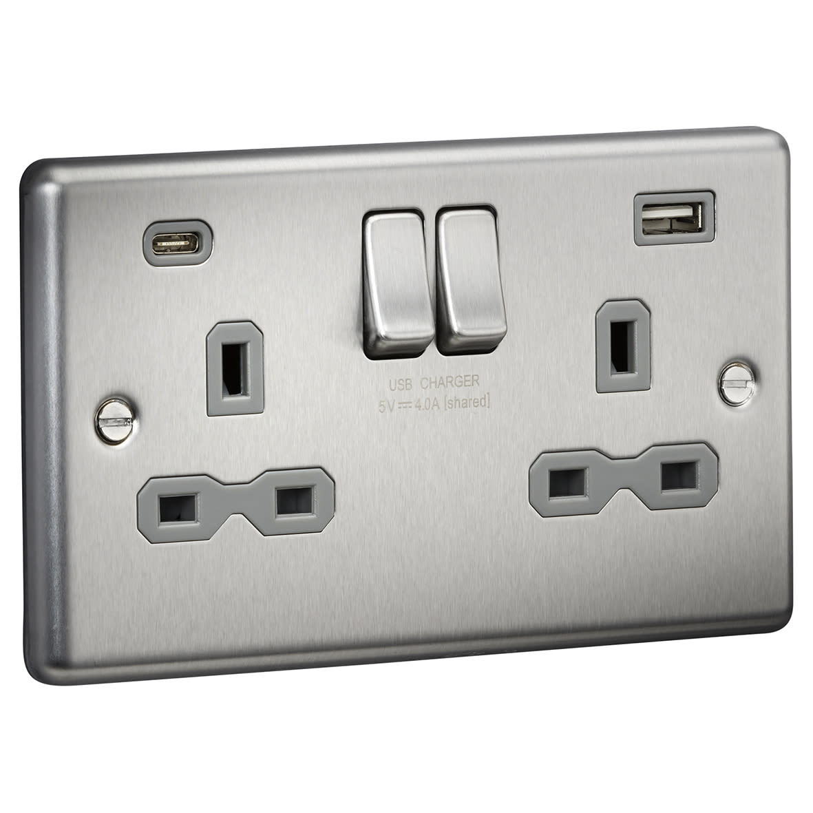 13A 2 Gang Round Edge Type A/C USB Socket with 2 x USB - 4A - Brushed Chrome/Grey - view 2