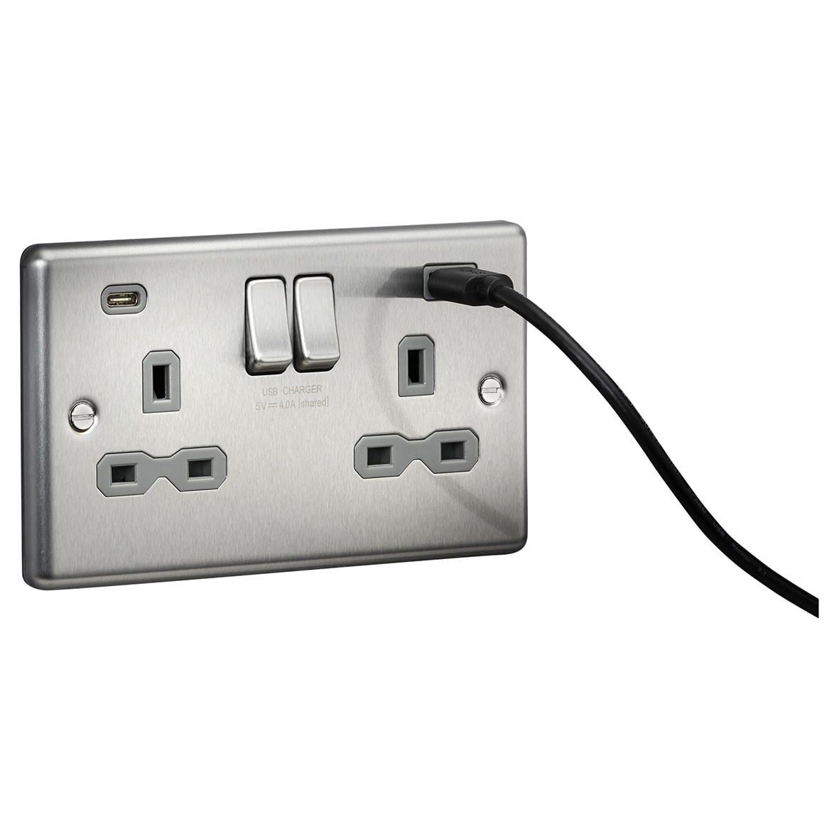 13A 2 Gang Round Edge Type A/C USB Socket with 2 x USB - 4A - Brushed Chrome/Grey - view 3