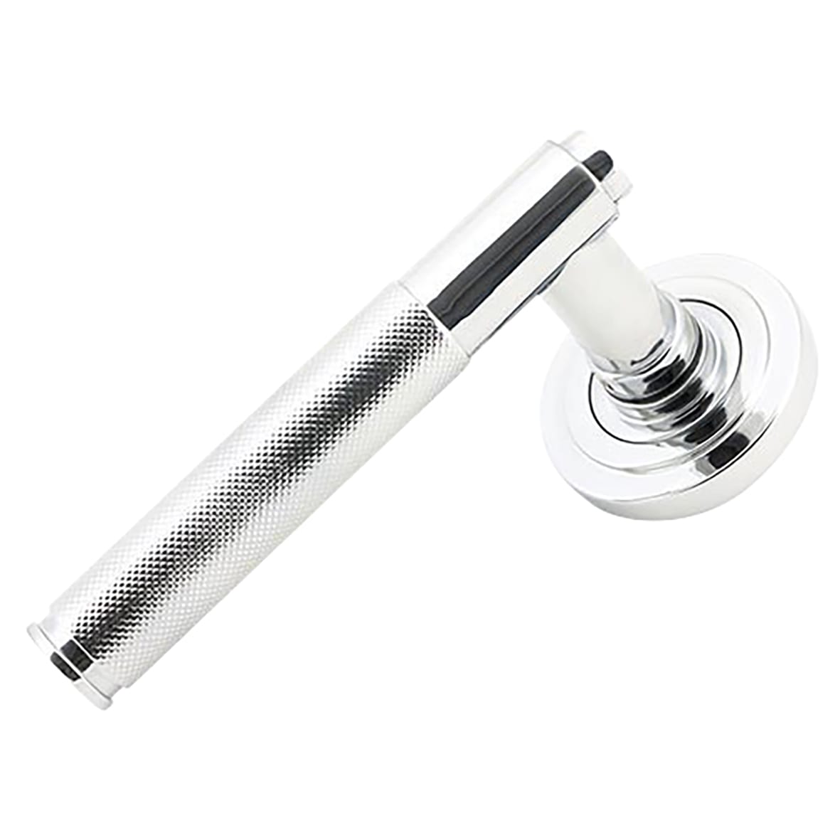 Polished Chrome Knurled Door Handles on Round Art Deco Rose - Brompton Range - view 2