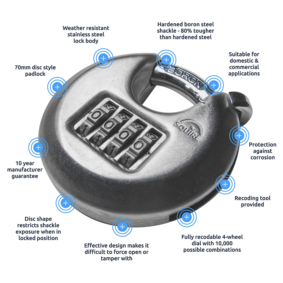 COMBI Combination Disc Padlock - 70mm Body - 16 x 20.5mm Shackle - Stainless Steel - view 5