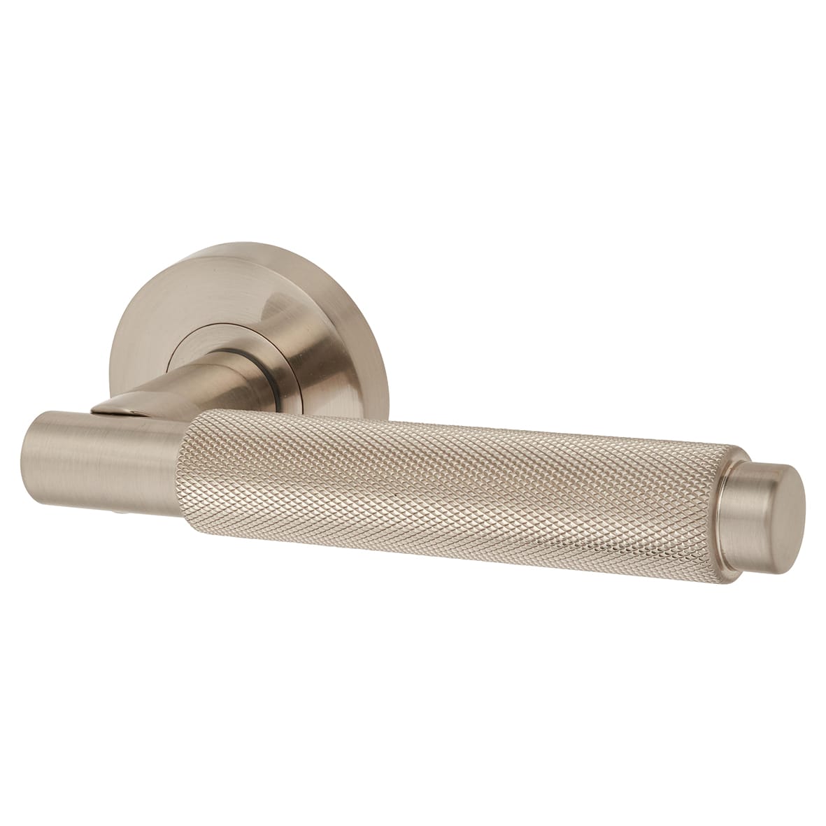 Satin Nickel Knurled Latch Door Handles on Rose Pack - Passage - Textura Range - view 2