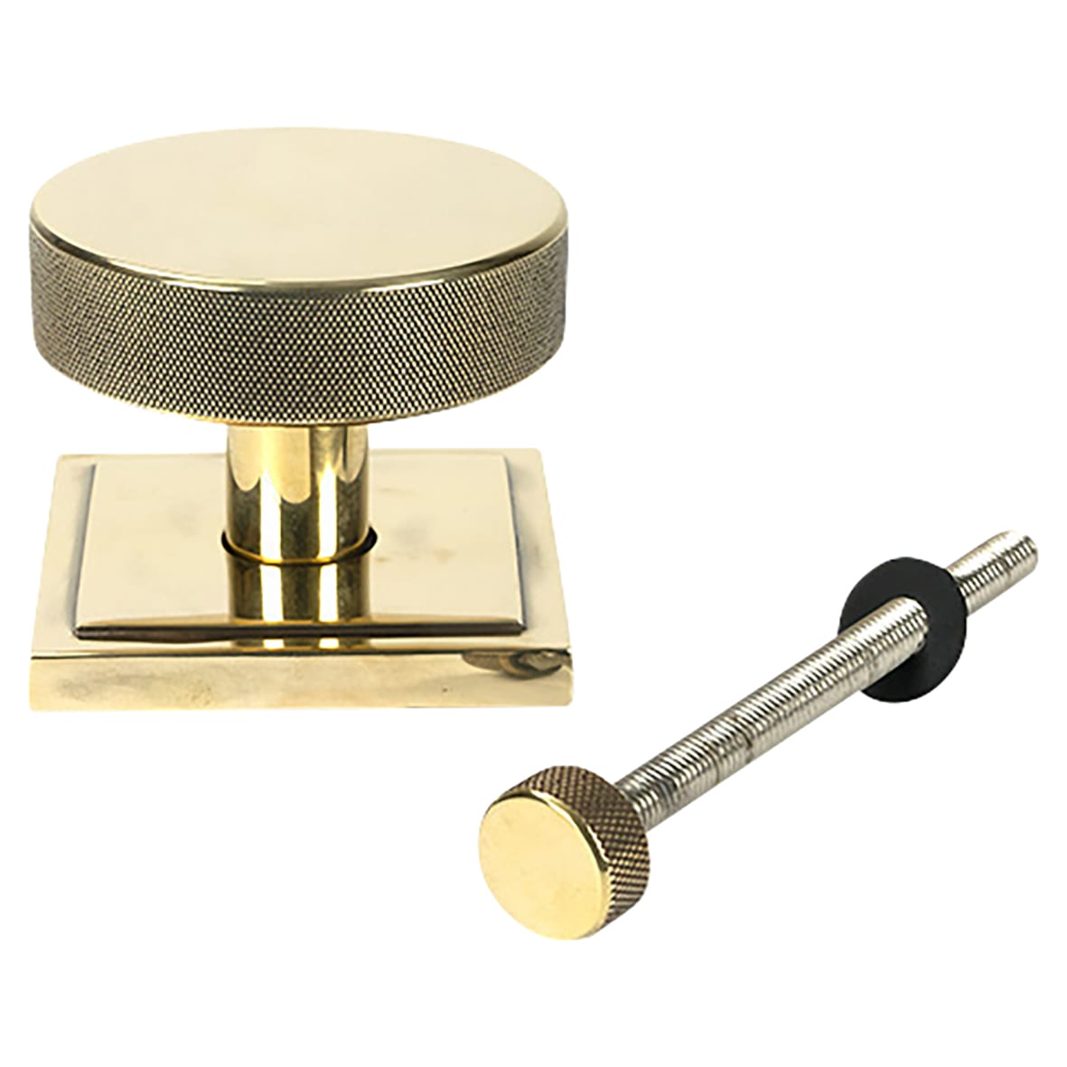 Brompton Aged Brass Round Knurled Centre Door Knob on Square Rose - 90 x 90mm Rose - view 2