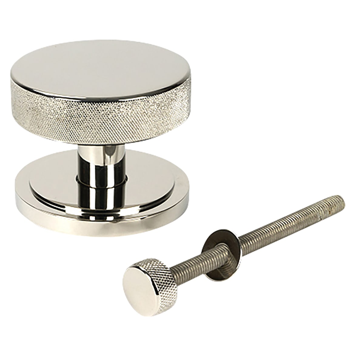Brompton Polished Chrome Round Knurled Centre Door Knob on Art Deco Rose - 90mm Rose Diameter - view 2