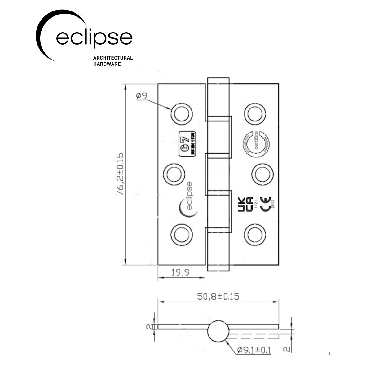 Slim Knuckle Grade 7 Washered Butt Fire Door Hinge - 76 x 51 x 2mm - Pol Stainless - Pair - view 3