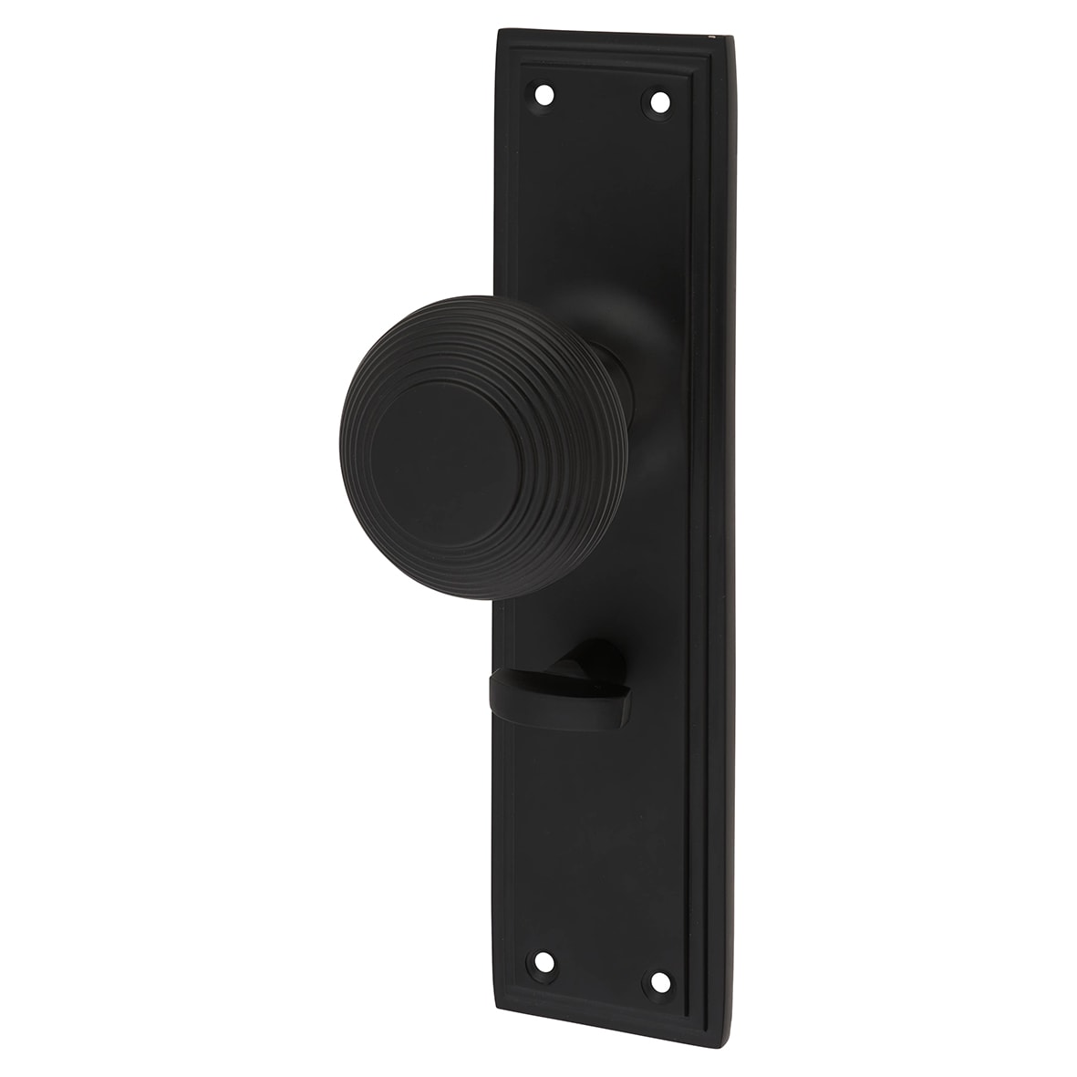 Matt Black Reeded Bathroom Mortice Door Knob on Backplate - 205 x 52mm - Miller Range - view 2