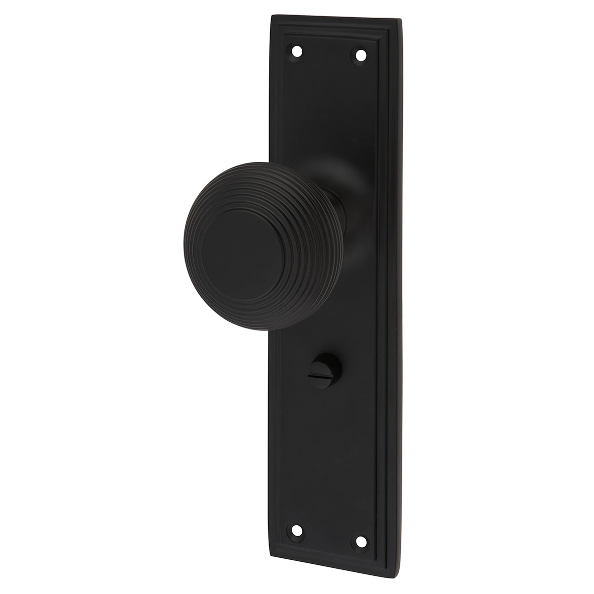 Matt Black Reeded Bathroom Mortice Door Knob on Backplate - 205 x 52mm - Miller Range - view 3