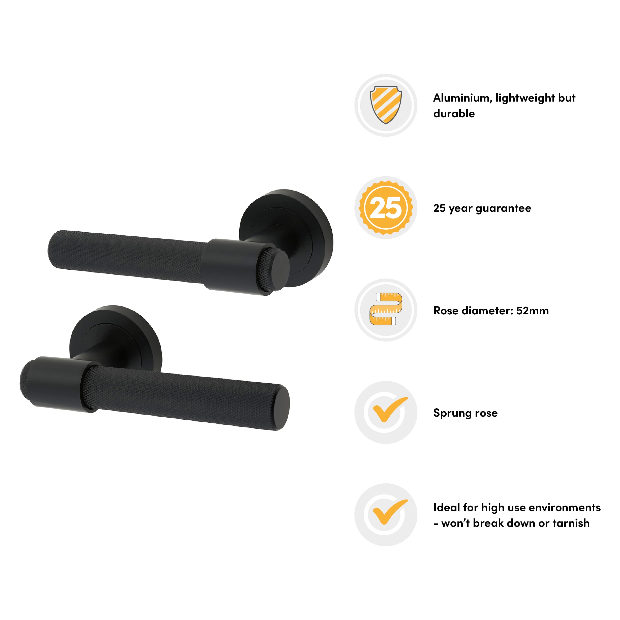 Matt Black Knurled Door Handles on Round Rose - Esme Range - view 2