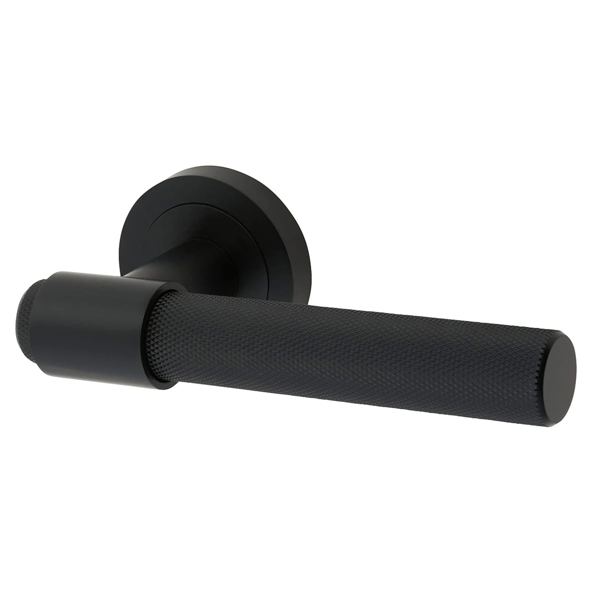Matt Black Knurled Door Handles on Round Rose - Esme Range - view 3