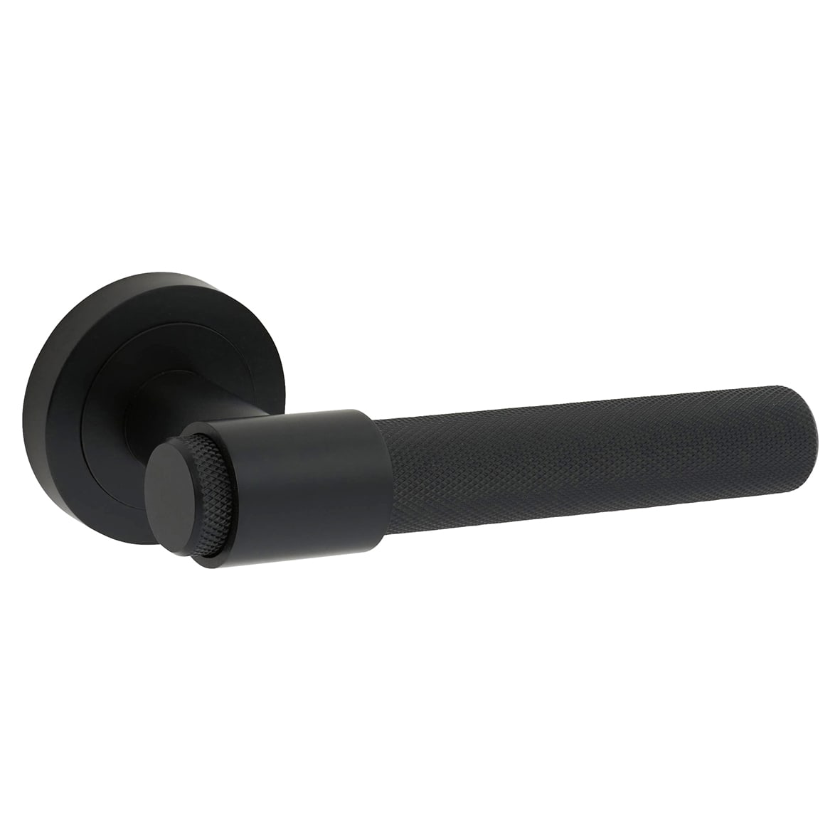 Matt Black Knurled Door Handles on Round Rose - Esme Range - view 4