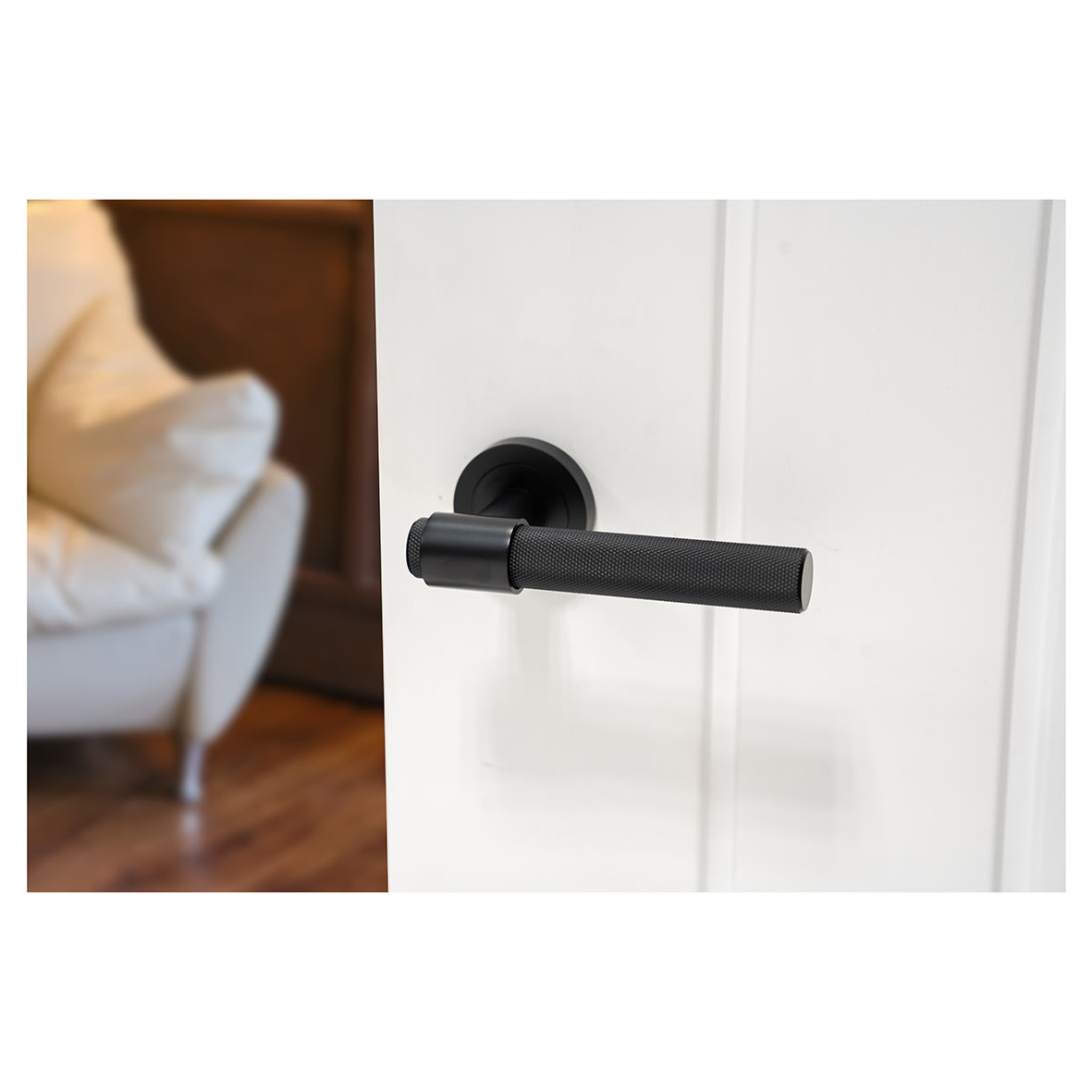Matt Black Knurled Door Handles on Round Rose - Esme Range - view 7